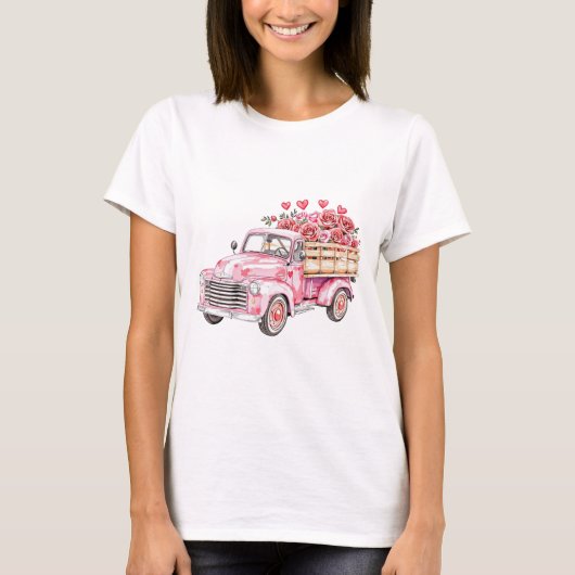 T-shirt aquarelle Camion rose avec Coeurs et fleurs (Devant)