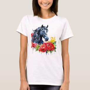 T-shirt Aquarelle Cheval noir Roses rouges