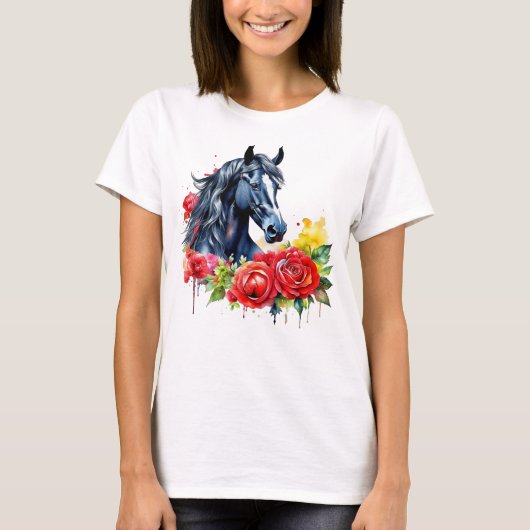 T-shirt Aquarelle Cheval noir Roses rouges (Devant)