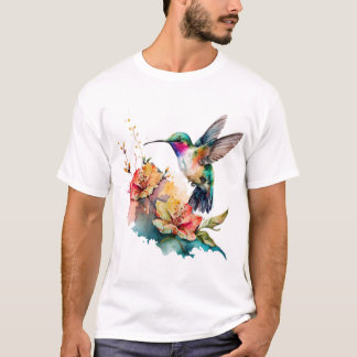 T-shirt Aquarelle colorée Colibri et fleurs 13 Cla