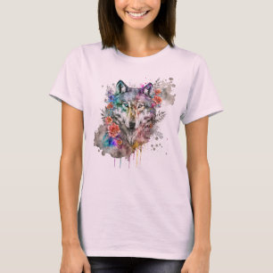 T-shirt Aquarelle colorée Wolf et Florals dans la nature