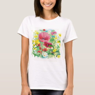 T-shirt Aquarelle, coquelicots rouges et fleurs jaunes
