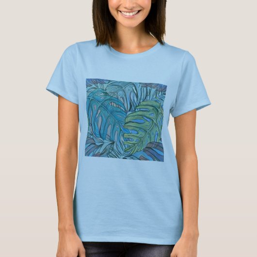 T-shirt Aquarelle couleur bleu vert tropical feuille (Devant)