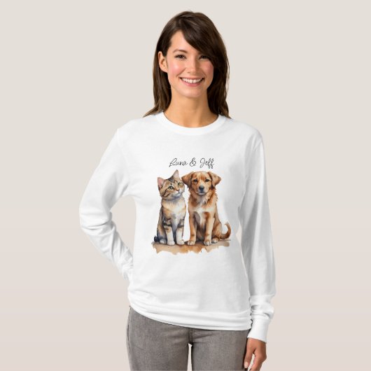 T-shirt Aquarelle de chat et chien mignonne (Devant entier)