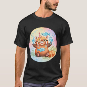 T-shirt Aquarelle de Panda Rouge Mignon avec Poisson Kawai
