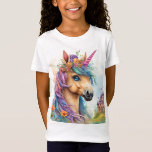 T-Shirt Aquarelle Dreamy Unicorn avec Château et Fleurs