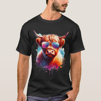 T-shirt Aquarelle Écossaise Vache Highland portant Sunglas