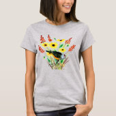 T-shirt Aquarelle Fleurs Jaunes avec Gris d'Oiseau (Devant)