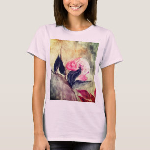T-shirt Aquarelle Fleurs roses Feuilles noirs Abstraits