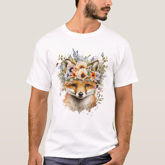 T-shirt Aquarelle Floral Fox Cute (Devant)