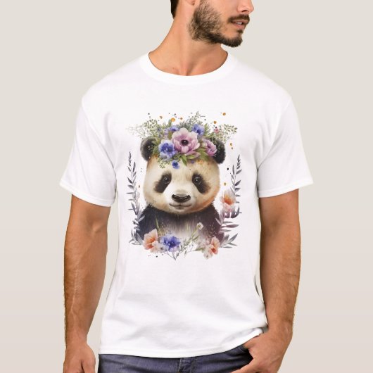 T-shirt Aquarelle Floral Panda Cute (Devant)