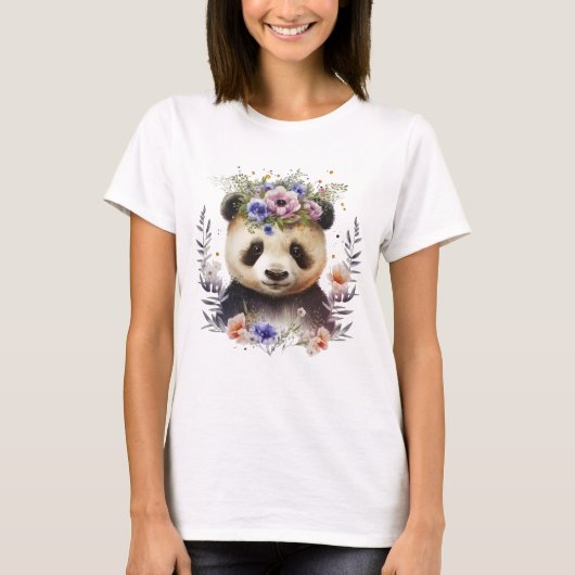 T-shirt Aquarelle Floral Panda Cute (Devant)