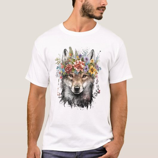 T-shirt Aquarelle Floral Wolf (Devant)