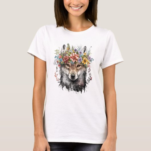 T-shirt Aquarelle Floral Wolf (Devant)