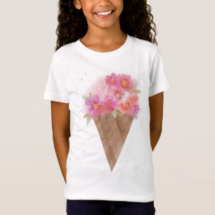 T-Shirt Aquarelle Florale Ice Cone de crème avec nom