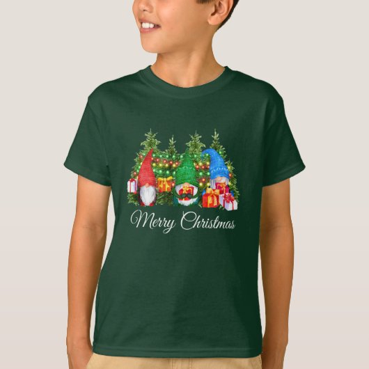 T-shirt Aquarelle Gnomes Joyeux Noël Garçon's Green (Devant)