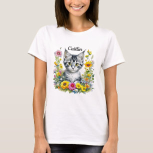 T-shirt Aquarelle Kitten en Fleurs Jaunes Personnalisé