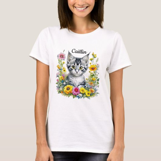 T-shirt Aquarelle Kitten en Fleurs Jaunes Personnalisé (Devant)