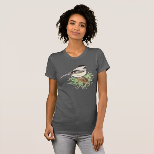 T-shirt Aquarelle mignonne Pickadee Bird Pine Tree (Devant entier)