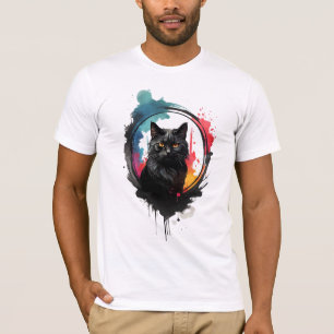 T-shirt Aquarelle Mystique Chat Noir Gras et Artistique