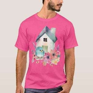 T-shirt Aquarelle Oiseau bleu dans une frite de jardin de