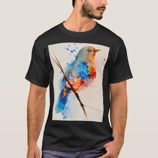 T-shirt Aquarelle Oiseau Peinture Toile Mur Art Bleu Oisea (Devant)