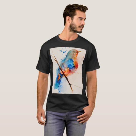 T-shirt Aquarelle Oiseau Peinture Toile Mur Art Bleu Oisea (Devant entier)