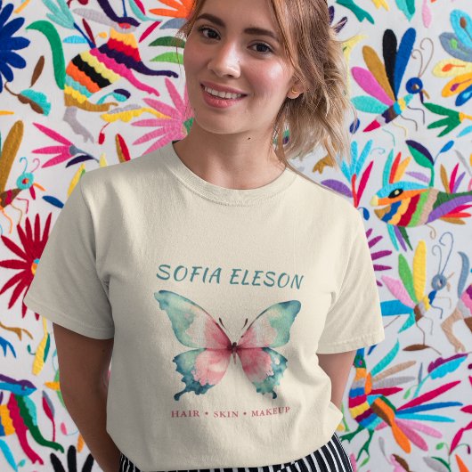 T-shirt Aquarelle Papillon Élégant Bleu Rose Nom Salon