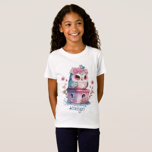 T-Shirt Aquarelle Petit Chouette Rose (Devant entier)