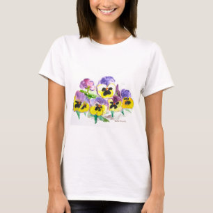 T-shirt Aquarelle Purple Pansies Jaunes Florales Rustiques