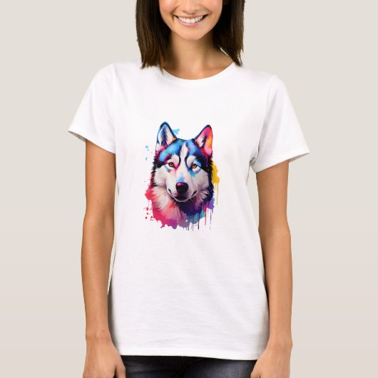 T-shirt Aquarelle Sibérienne Husky Art coloré (Devant)
