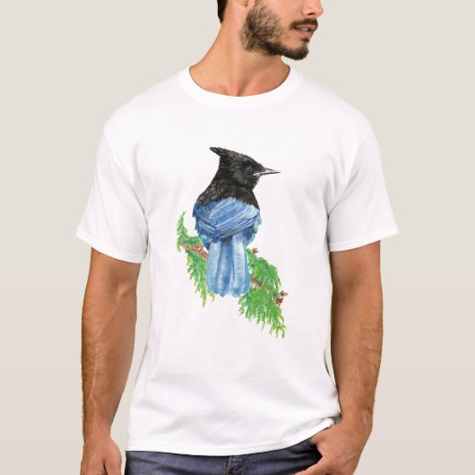 T-shirt Aquarelle Stellar Jay Oiseau Nature Art (Devant)