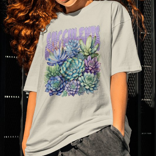T-shirt Aquarelle Succulente Botanique violet vert