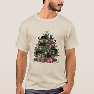 T-shirt Arbre de Noël Chats Noirs Amoureux des Chats Lumiè