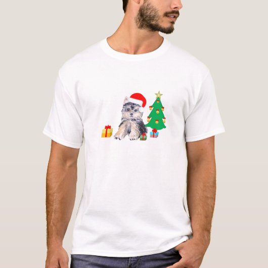 T-shirt Arbre de Noël, Chien chiot du Yorkshire & cadeaux (Devant)