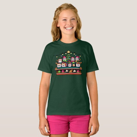 T-shirt Arbre de Noël en Sushi Festif - Art Pixel mignon (Devant entier)