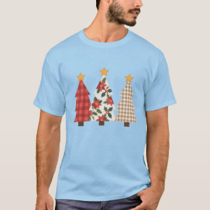 T-shirt Arbre de Noël Patchwork Vintage Plaid Rouge Fêtes