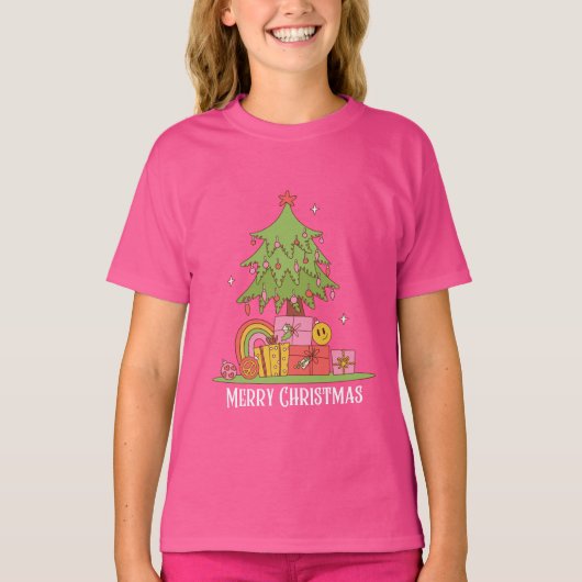 T-shirt Arbre de Noël rose rétro filles (Devant)