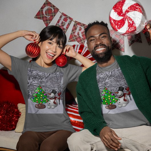 T-shirt Arbre de Noël, Snowman, Scène De Neige Unisex Dark