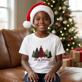T-shirt Arbres de Noël à carreaux rustiques Famille Renne