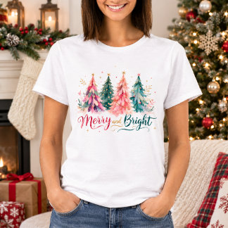 T-shirt Arbres de Noël aquarelles colorés Merry & Bright