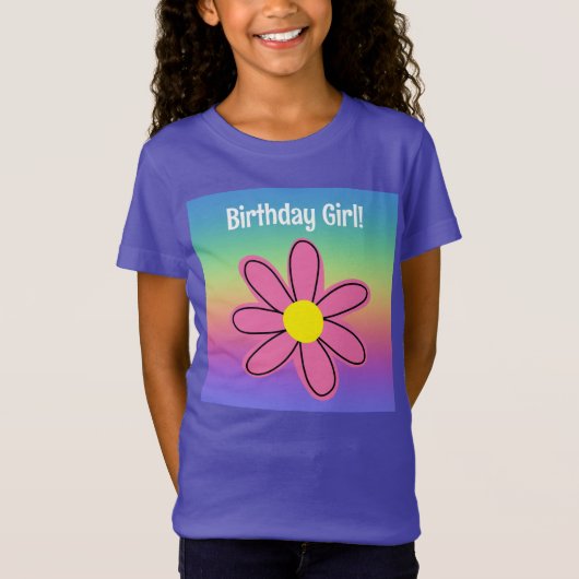 T-Shirt Arc-en-ciel avec Fleur rose Fille d'anniversaire (Devant)