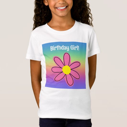 T-Shirt Arc-en-ciel avec Fleur rose Fille d'anniversaire (Devant)
