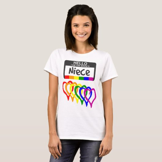 T-shirt Arc-en-ciel Coeurs Mariée Nièce Nom Badge (Devant entier)