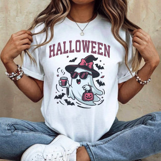 T-shirt Arc Halloween - Gentil Fantôme tenant un Café Rose