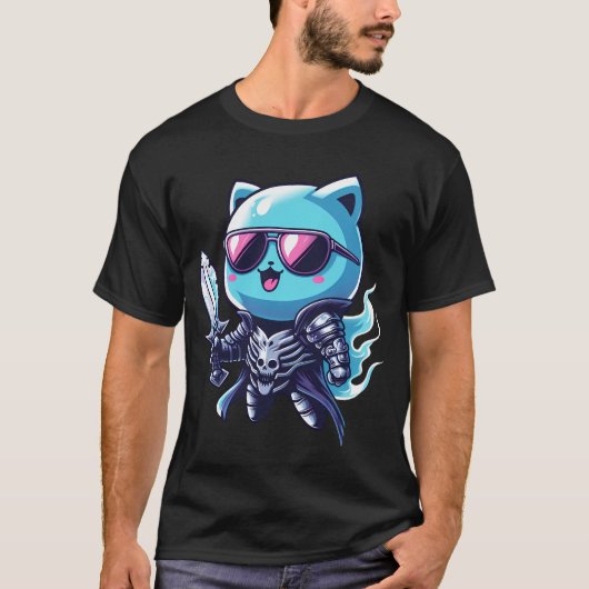 T-shirt Armure mythique de crâne de chat fantôme avec épée (Devant)