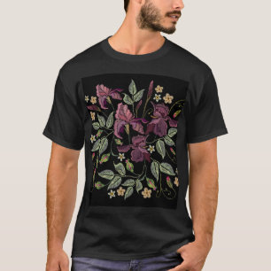 T-shirt Arrière - plan noir Irises pourpres brodé.