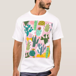 T-shirt Arrière - plan rose, motif de cactus dessiné à la