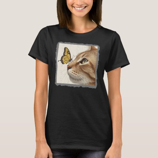 T-shirt Art Abstrait de chat et papillon (Devant)