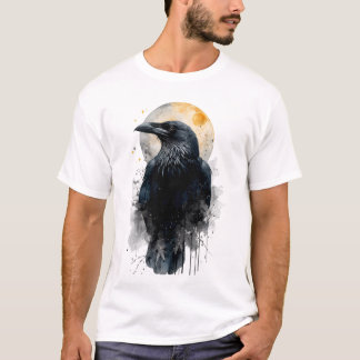T-shirt Art aquarelle du corbeau mystique | Lune gothique